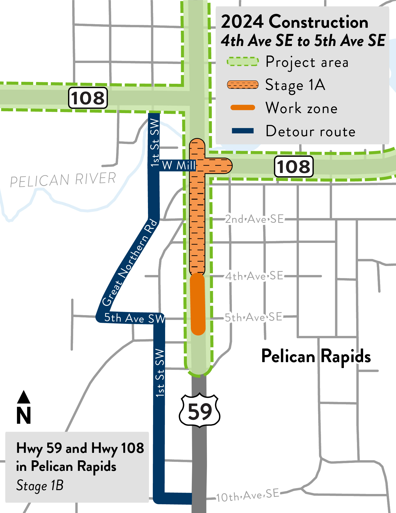 Detour map for the Stage 1B section of the Hwy 59, Hwy 108 reconstruction project in Pelican Rapids